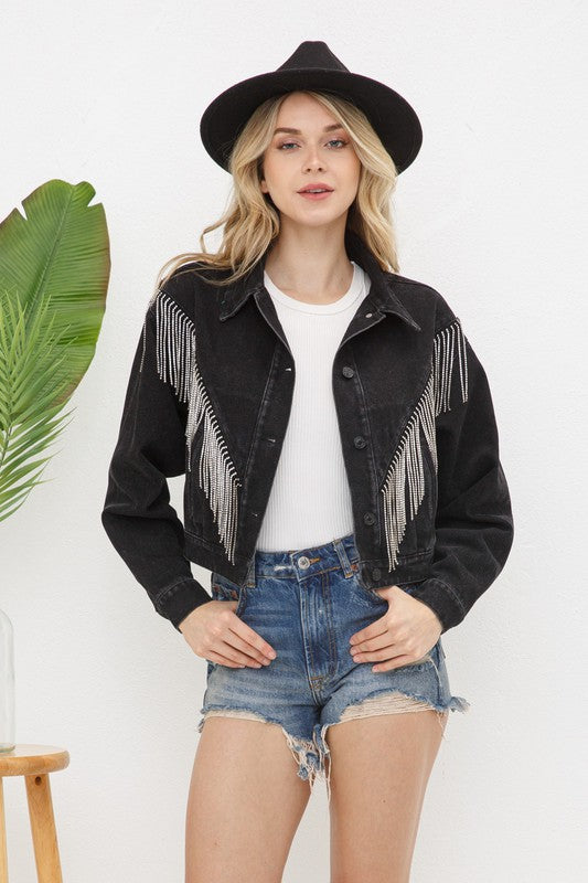 Denim Chevron Rhinestone Fringe Jacket