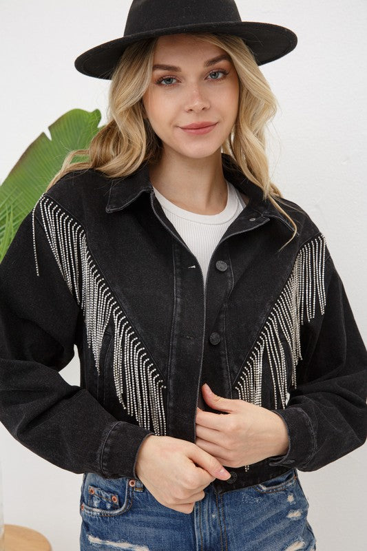 Denim Chevron Rhinestone Fringe Jacket