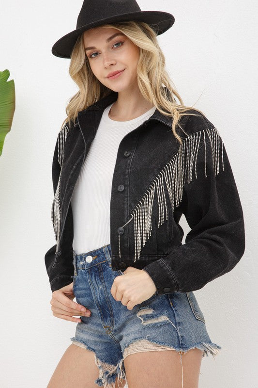 Denim Chevron Rhinestone Fringe Jacket