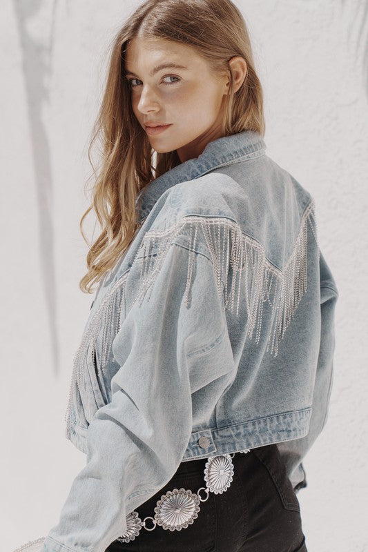 Denim Chevron Rhinestone Fringe Jacket