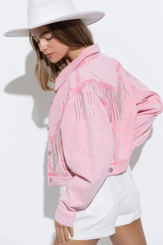 Denim Chevron Rhinestone Fringe Jacket