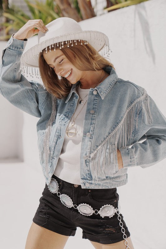 Denim Chevron Rhinestone Fringe Jacket